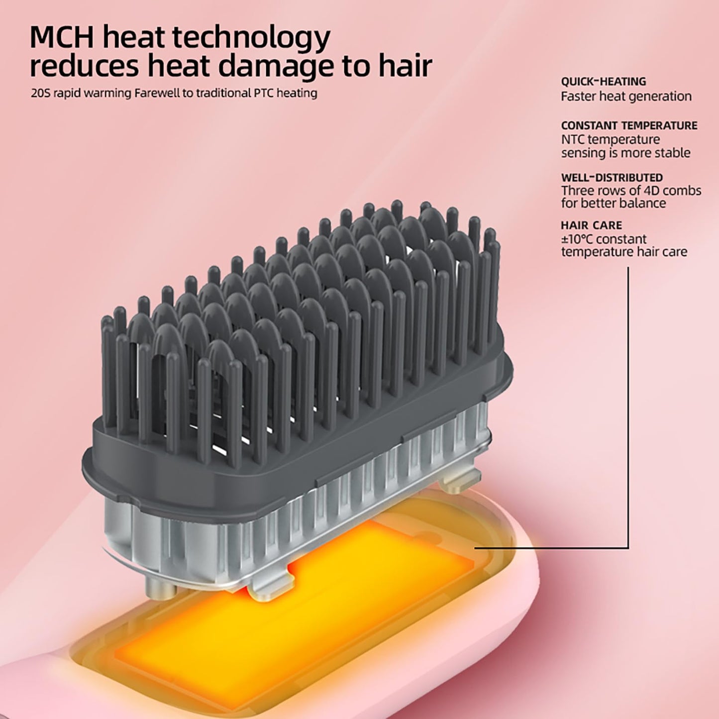 Bestauty Cordless Hair Straightener Brush, MCH Fast 20s Heating Technology, 320℉-356℉-392℉ 3 Levels Adjustable, Negative Ion Conditioning Hair Straightening Brush Volumizing Hot Comb (Baby Pink)