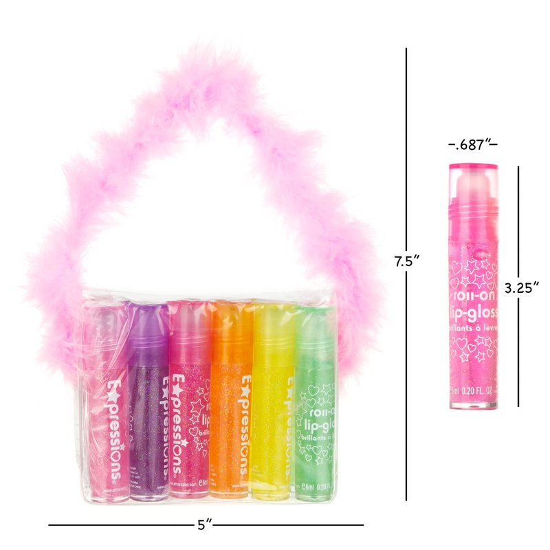 EXPRESSIONS 12pc Roll-On Lip Gloss Set with Marabou Handle & Carrying Case – Assorted Fruity Flavors | Non-Toxic Kid-Friendly Glossy Lip Makeup | Fun Gift Set for Kids & Teens – So Glam