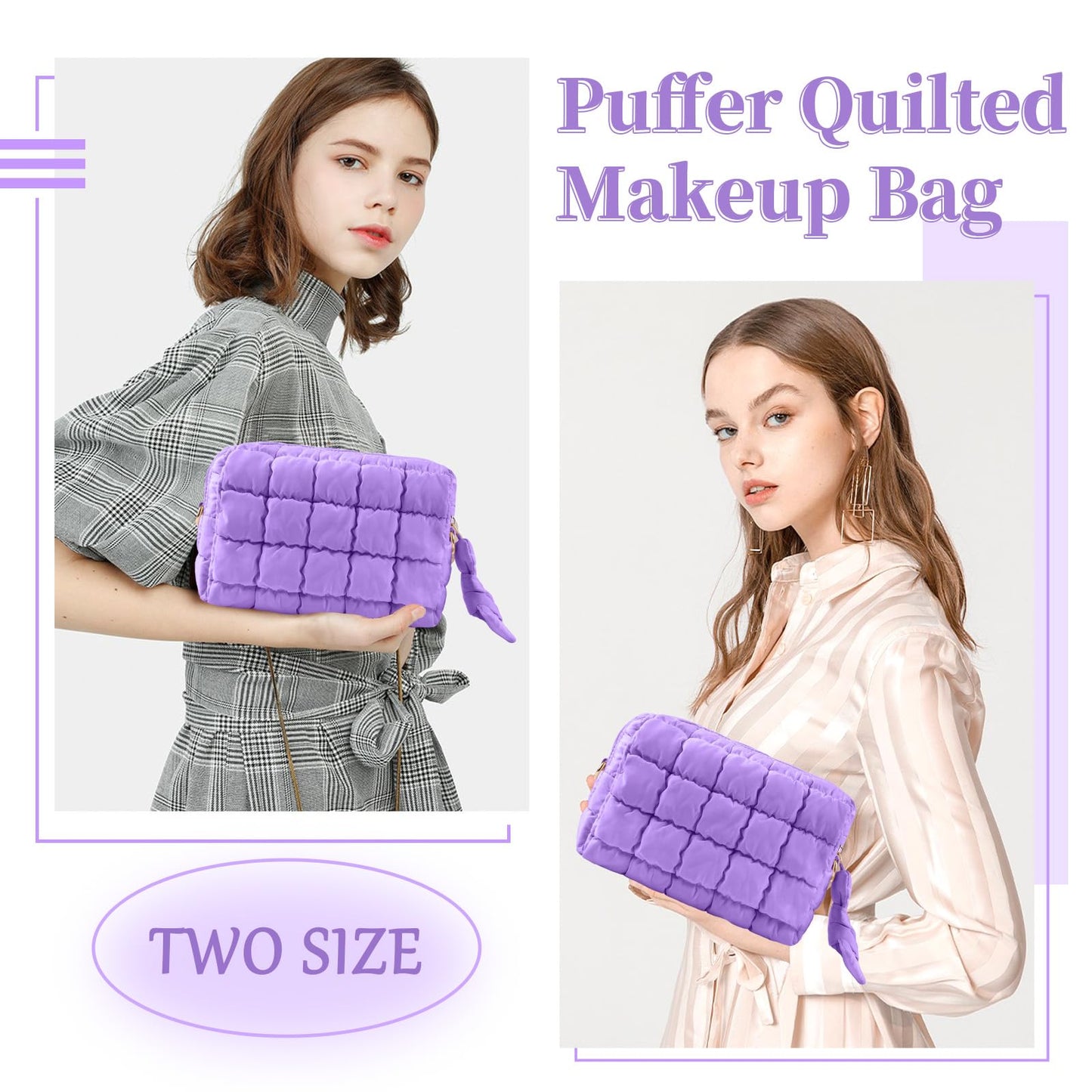 Puffer Quilted Makeup Bag Cosmetic Bags,Puffy Travel Toiletry Pouch for Women,Cute Checkered Zipper Bag Travel Essential,Portable Aesthetic Make up Organizer Bag for Gifts Work Daily(Purple,M)
