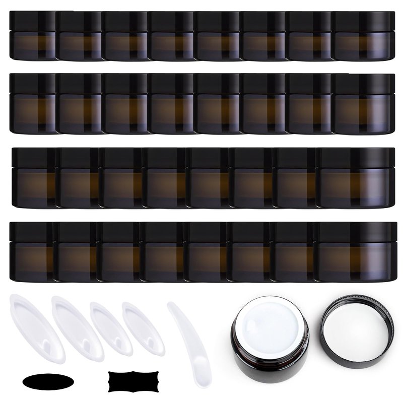 Yauhar 192Pcs 5g 10g 15g 20g Amber Glass Jars Assorted Kit with Black Lids, Inner Liners, Spoons and blank labels for Storing Lip and Body Scrub, Bath Salts, Lotion, Body Butter