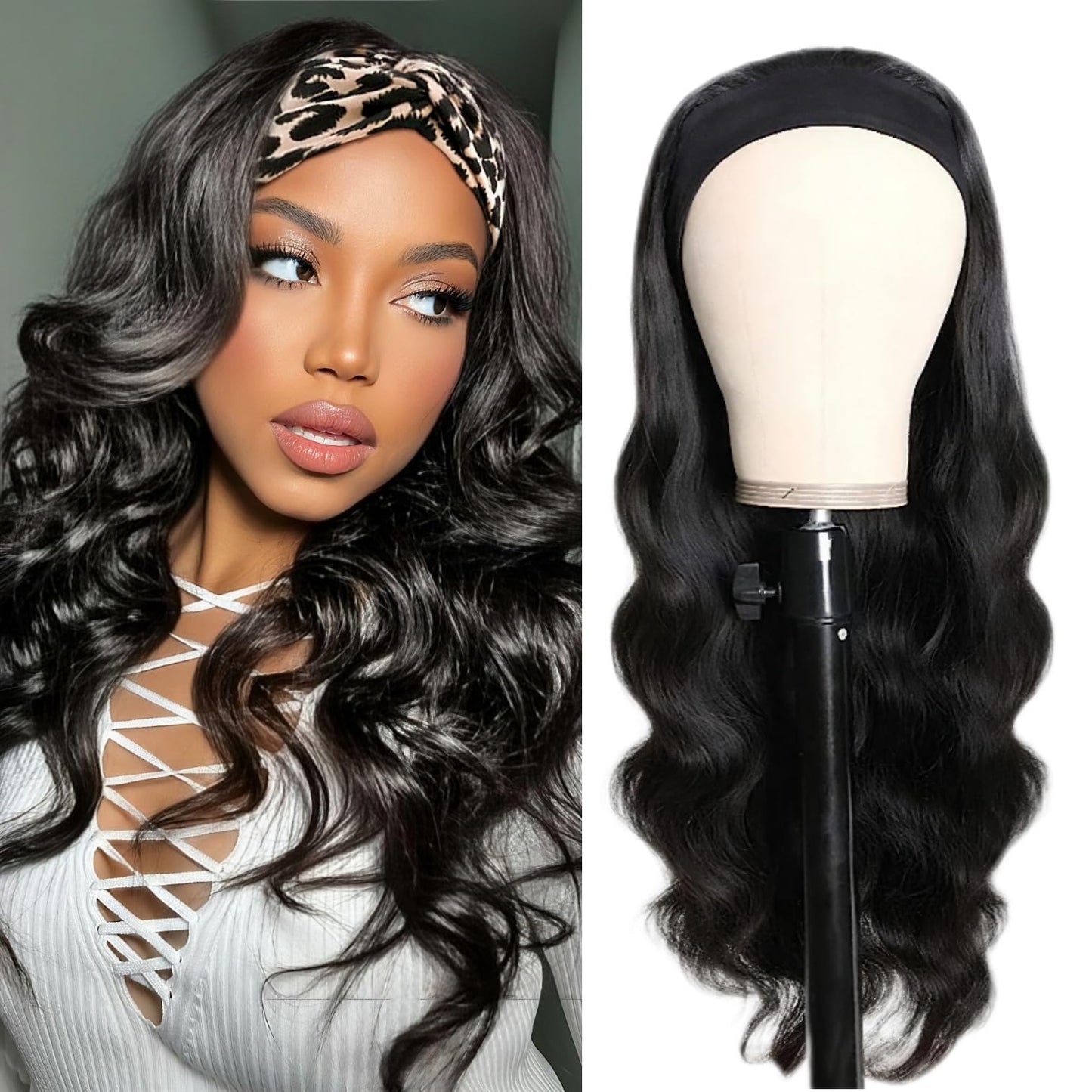 Headband Wig Human Hair Body Wave Wigs None Lace Front Wigs 100% Human Hair Brazilian Virgin 180% Density Natural Color (14inch)