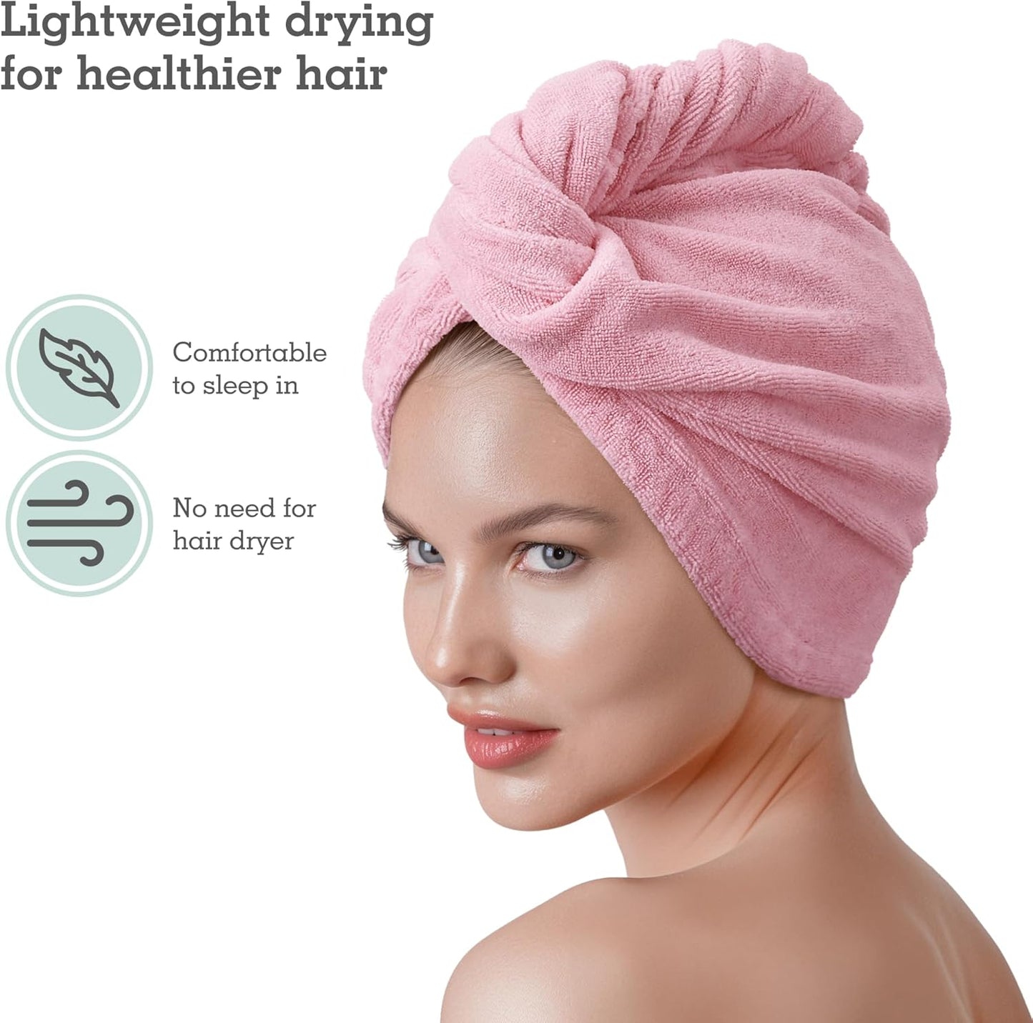 Microfiber Hair Towel Wrap - Quick Dry Anti-Frizz Plopping Turban | Machine Washable - Pink