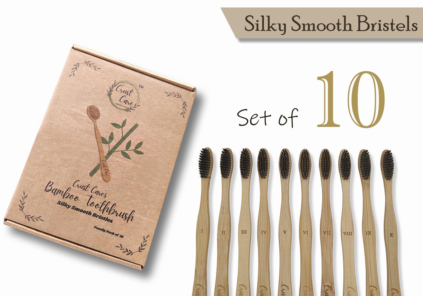 Crust Care Biodegradable Bamboo Toothbrush Family Pack (10-Pack) with Charcoal Bristles, Individually Packed + 2 Free Bamboo Tongue Cleaners - Oral Care Set