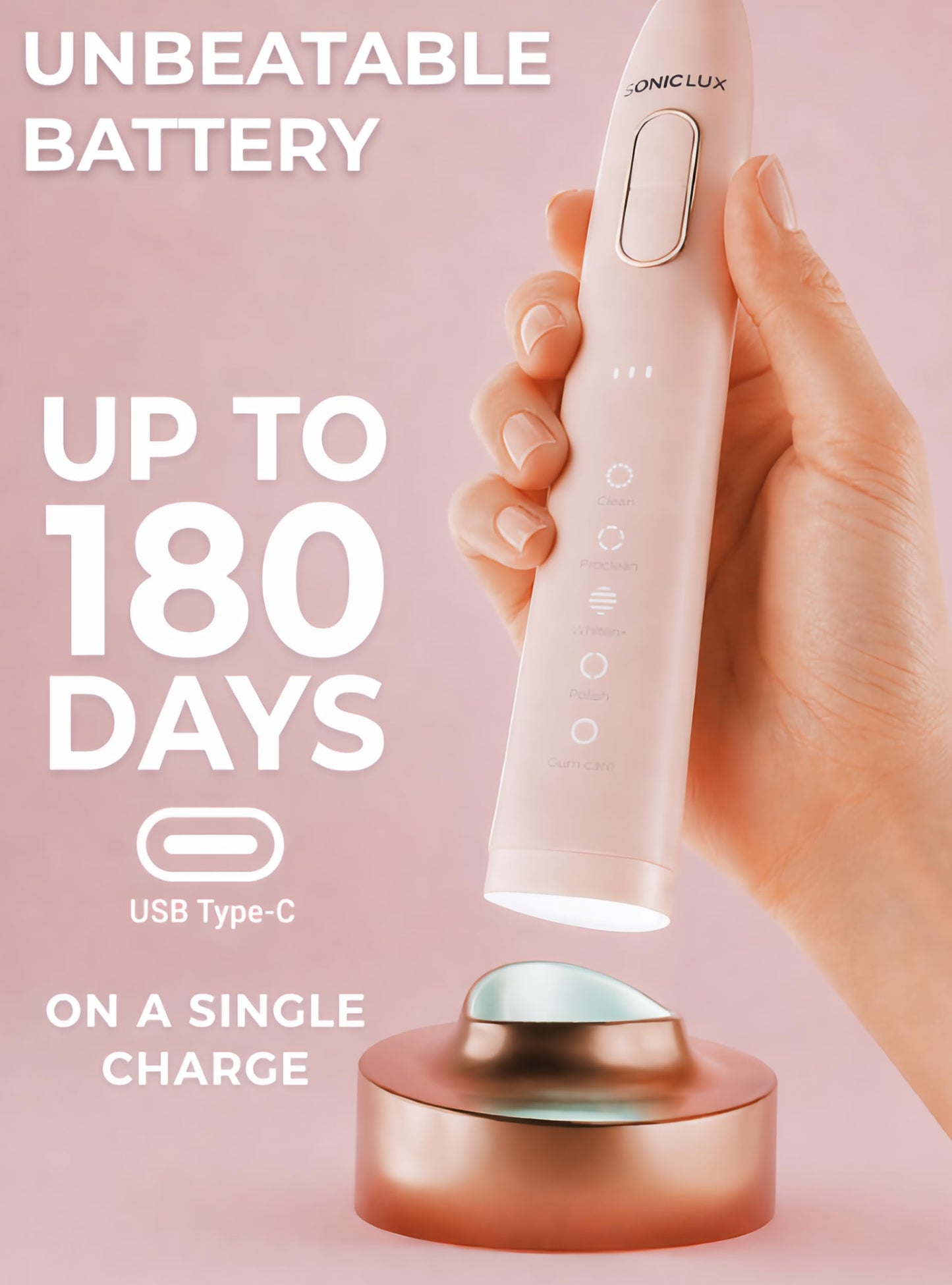 SMILE NOVA Sonic Lux™ Pink Electric Toothbrush for Adults – Luxury Rechargeable Sonic Electric Toothbrush with Travel Case with GlowGuard Nano-Hydroxyapatite Whitening Toothpaste & 6 Brush Heads