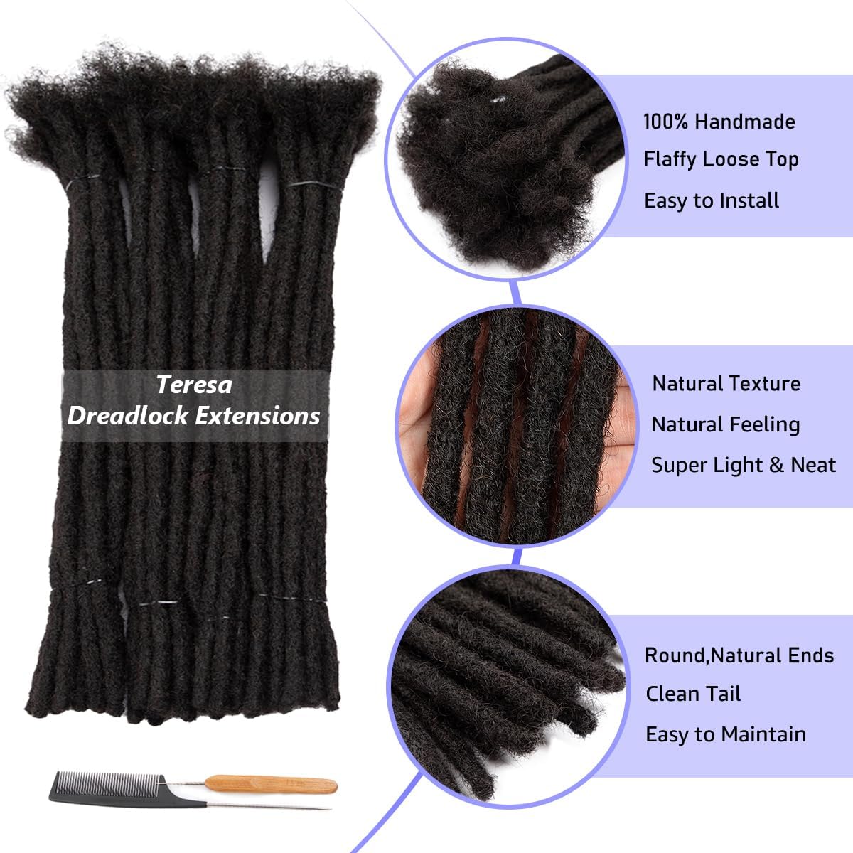Teresa Human Hair Dreadlock Extensions Human Loc Extensions 0.8cm Width 6 Inch 20 strands Real Hair Dreadlock Extensions Loc Extensions Human Hair For Men/Women/Kids