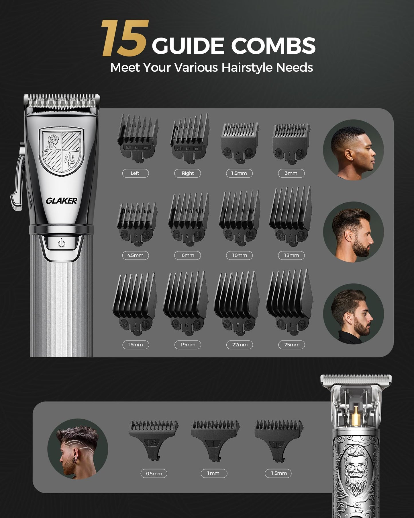 GLAKER Hair Clippers for Men,Professional Mens Hair Clippers Cordless Clippers for Hair Cutting,Precision Trimmer Kit Zero Gap Trimmer with LED Display 15 Guide Combs (Silver)