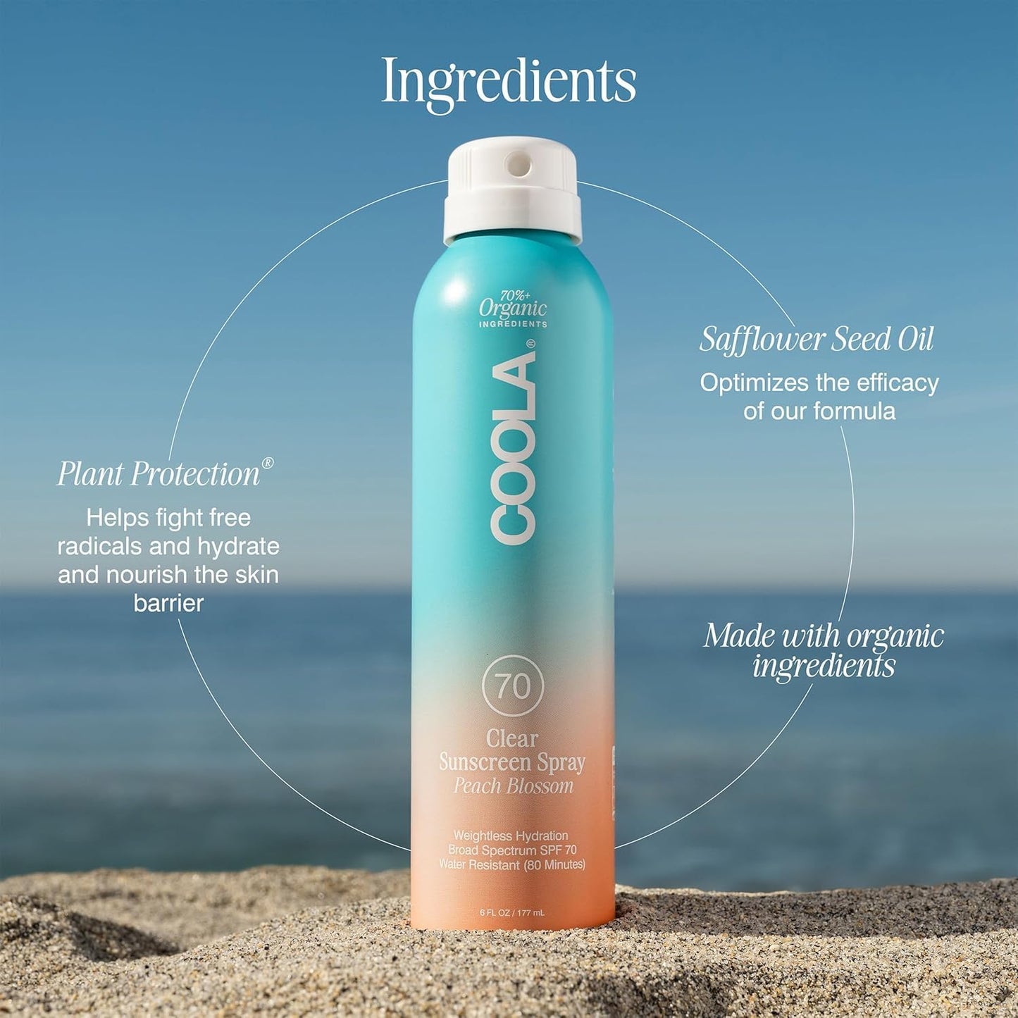 COOLA Organic Sunscreen SPF 70 Sunblock Spray, Dermatologist Tested Skin Care for Daily Protection, Vegan and Gluten Free, Peach Blossom, 6 Fl Oz