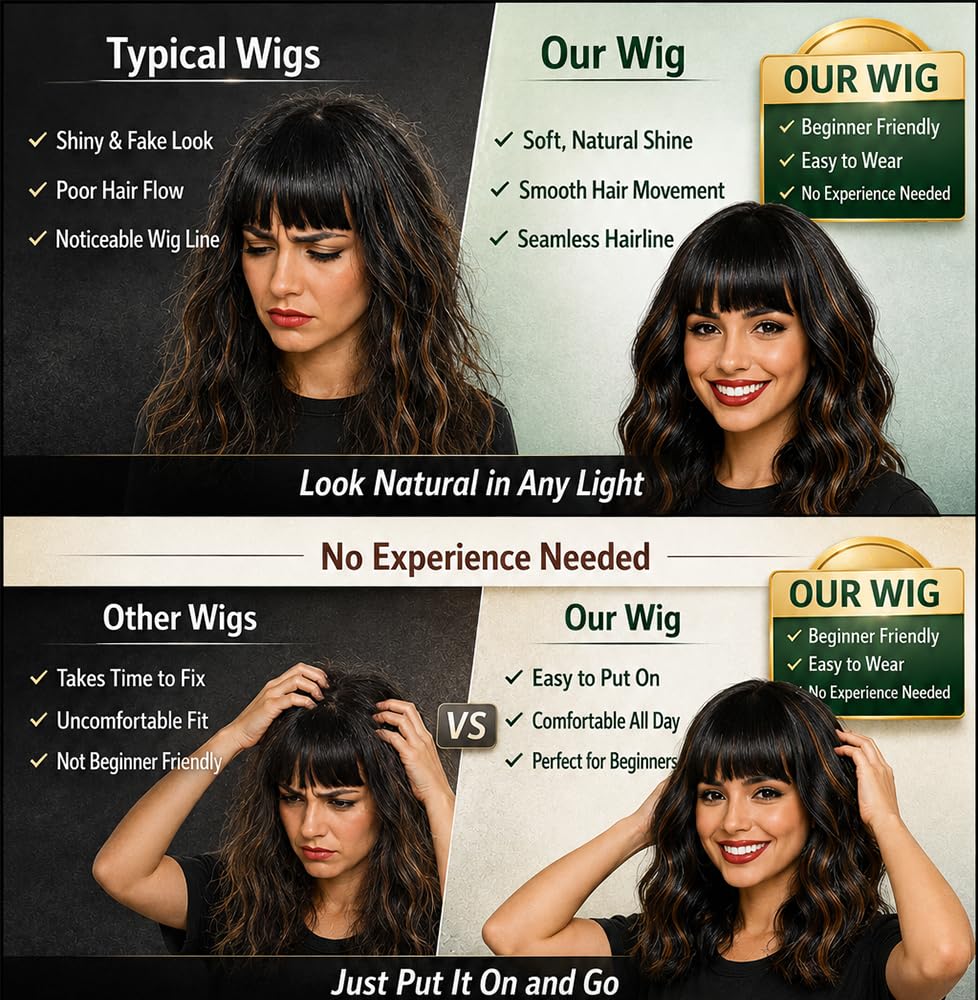 Black Highlights Brown Wig with Bangs,12 Inch Short Wavy Curly Bob Hair