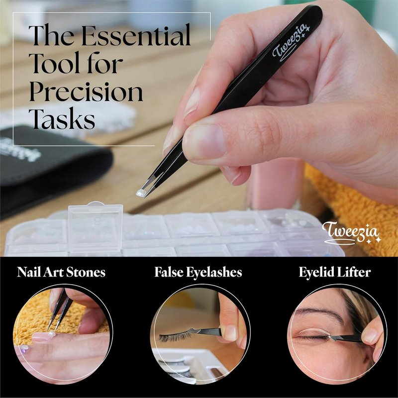 Stainless Steel Tweezer Set - 4 Precision Tweezers with Mirror & Leather Case | Ideal for Eyebrows, Ingrown Hairs, Splinters