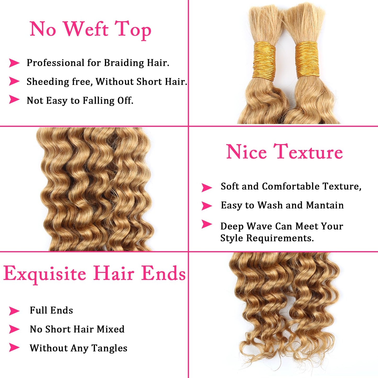Human Braiding Hair for Boho Braids 100g Deep Wave Boho Hair for Braiding Knotless 12A Wet and Wavy Curly Bohemian Bulk 2 Bundles 100% Human Hair Extensions No Weft #27 Honey Blonde 16 16 Inch