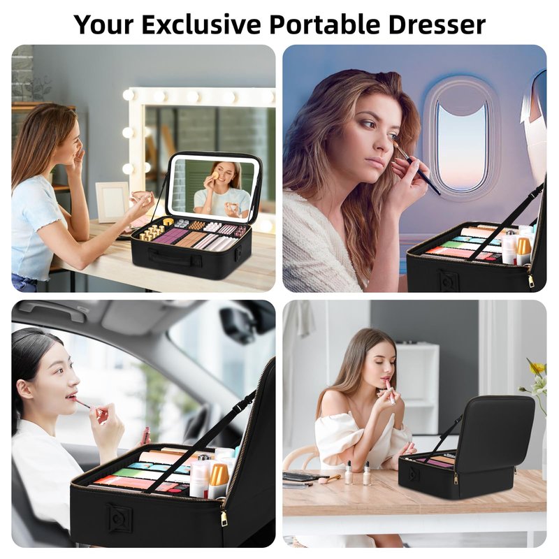 saiggnyy 15“×11“Professional Makeup Train Case,Large Waterproof Travel Makeup bag with Mirror and Light, Leather Black Make up Bag with Mirror and Light,Led Makeup Case with Adjustable Dividers