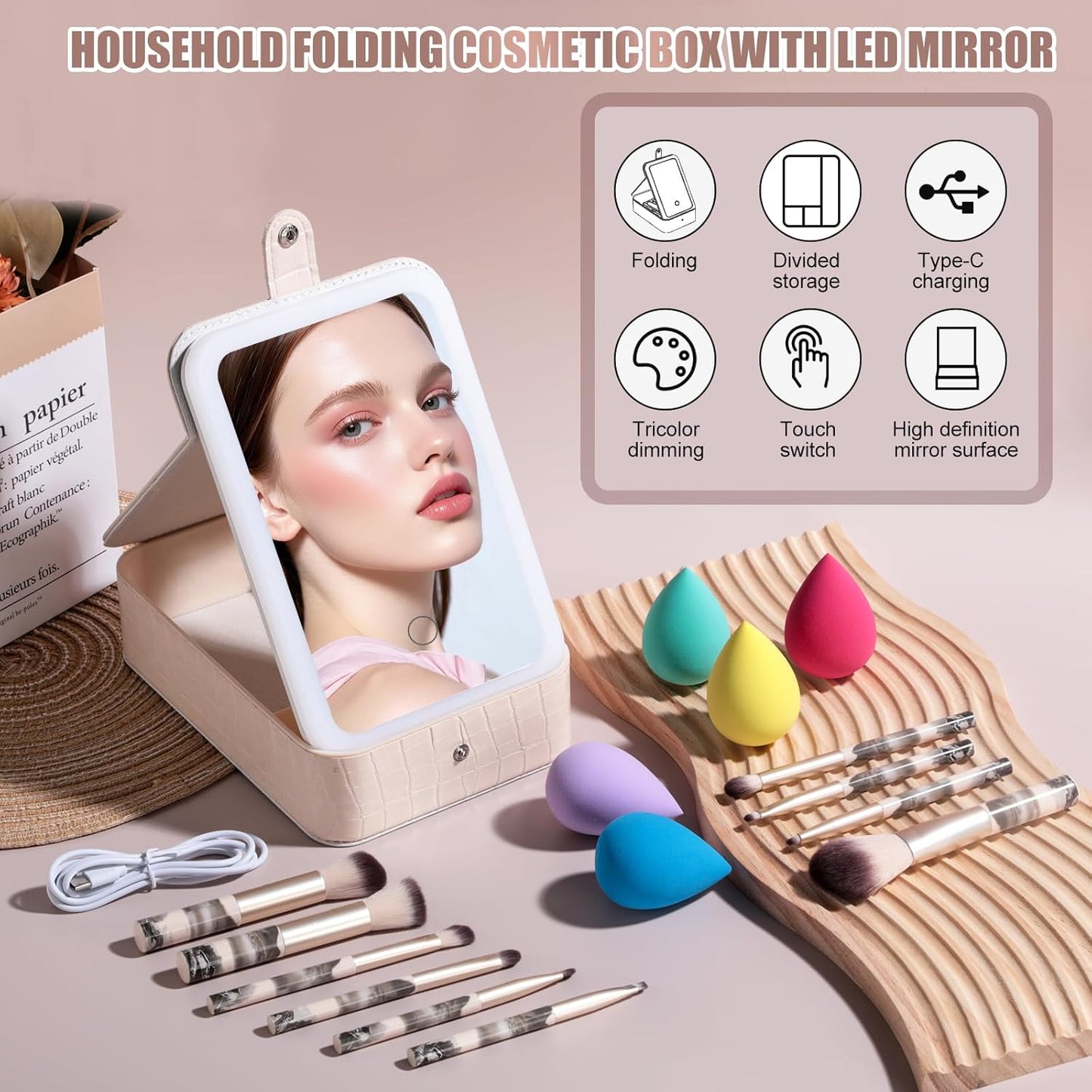 LED Makeup Mirror Case - 15-Piece Travel Makeup Brush Set with Sponge | Perfect for Beauty Routine