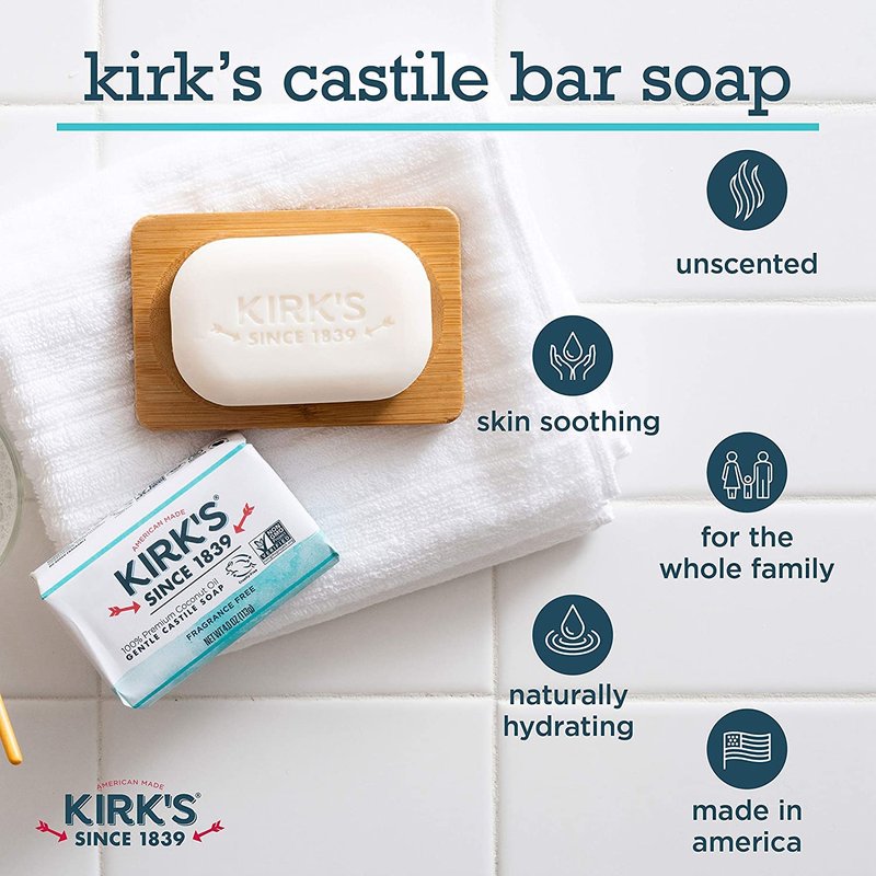Castile Bar Soap by Kirkâ€™s | Clean Soap for Men, Women & Children | Premium Coconut Oil | Sensitive Skin Formula, Vegan | Fragrance-Free/Unscented | 4 oz. Bars - 12 Pack