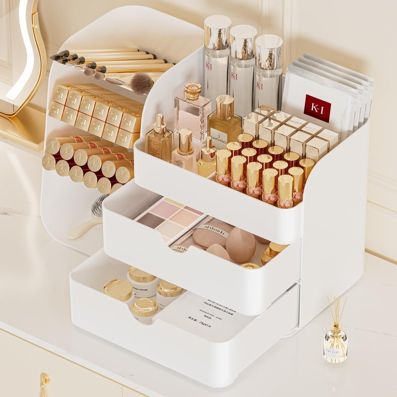 KQJS Makeup Organizer with Drawers, Large Capacity Countertop Organizer for Vanity, Bathroom and Bedroom Desk Cosmetics Organizer, Easy To Storage Skincare, Brushes, Eyeshadow, Lipstick (All White)