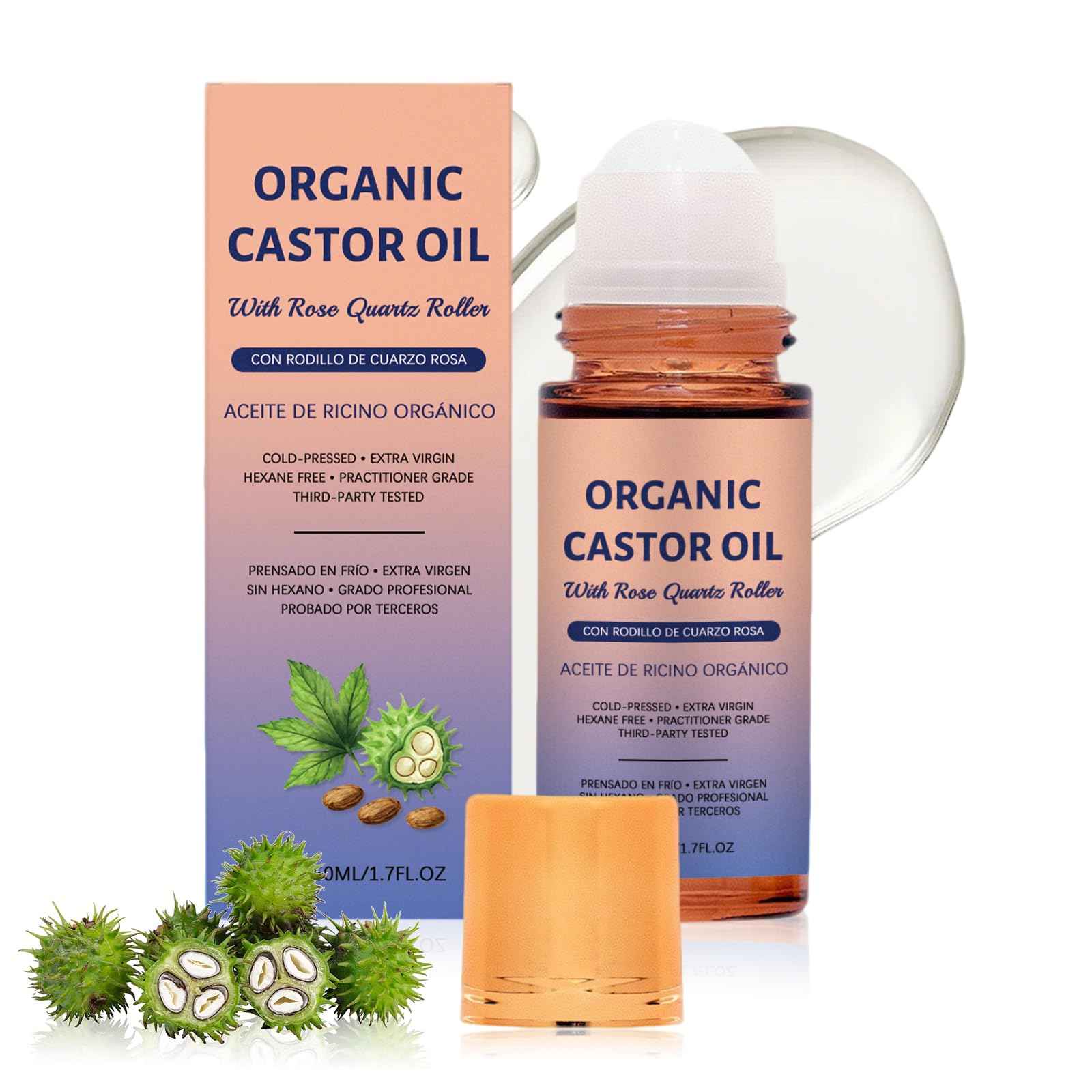Organic Castor Oil with Rose Quartz Roller, Castor Oil Roll-On with Rose Quartz for Skin, Brows & Lashes, 1.7 fl oz, 100% Pure Cold-Pressed, Hexane-Free (1 pcs)