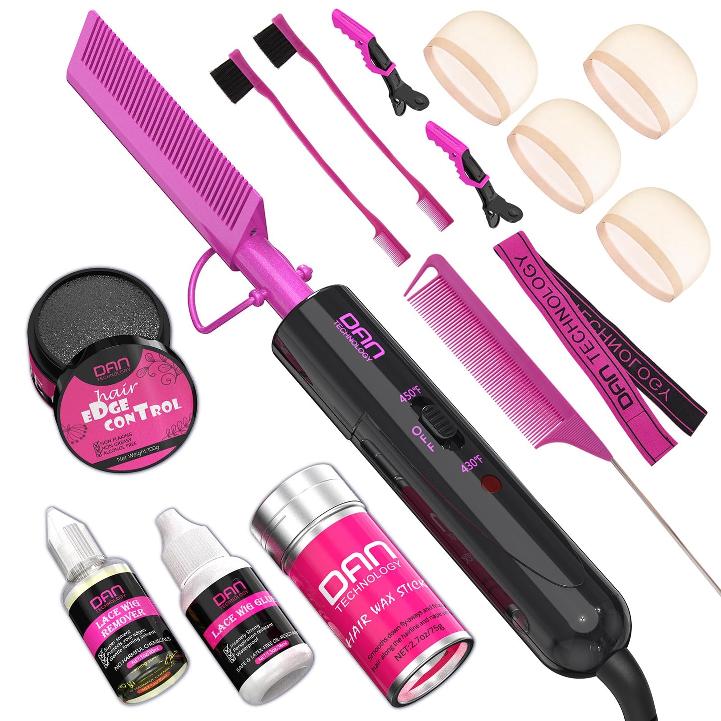 DAN Technology hot comb set,Wig Installation Kit,hot comb,WigGlue and Remover,Hair Wax Stick,Edge Control Gel,HD wig cap,Lace Melting Band,Hair Edge Brush,Rat Tail Comb,Salon Styling Clips