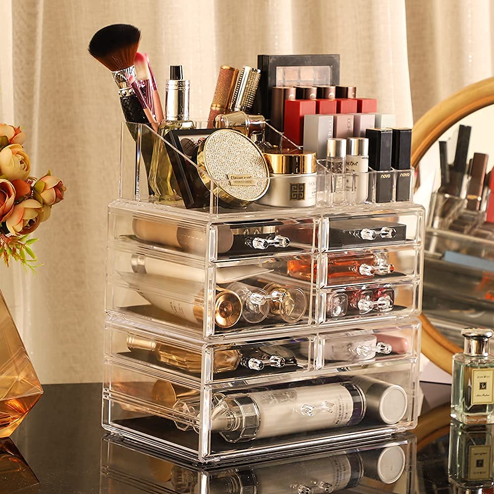 Cq acrylic 3 Pack Clear Makeup Organizer Countertop,Stackable 7 Drawers Skincare Organizer,Cute Skin Care Organizer for Vanity Hair Clip,Jewelry,Beauty Product Desk and Make Up Organizers for Vanity