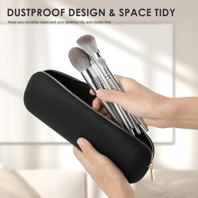 Travel Makeup Brush Holder - Magnetic Anti-Fall Silicone Organizer for Cosmetics | Portable & Sleek Design - Khaki (Black)