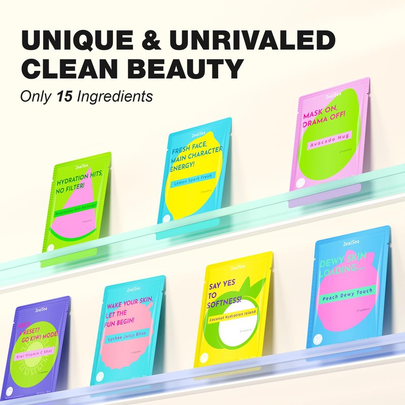 ZealSea Clean Beauty Face Masks Skincare, Minimalism 15 Ingredients Sheet Mask, Dopamine Color Design Facial Mask, Sleepover & Slumber Spa Party Supplies, Women Teen Girl Gifts Trendy Stuff, 14 Pack