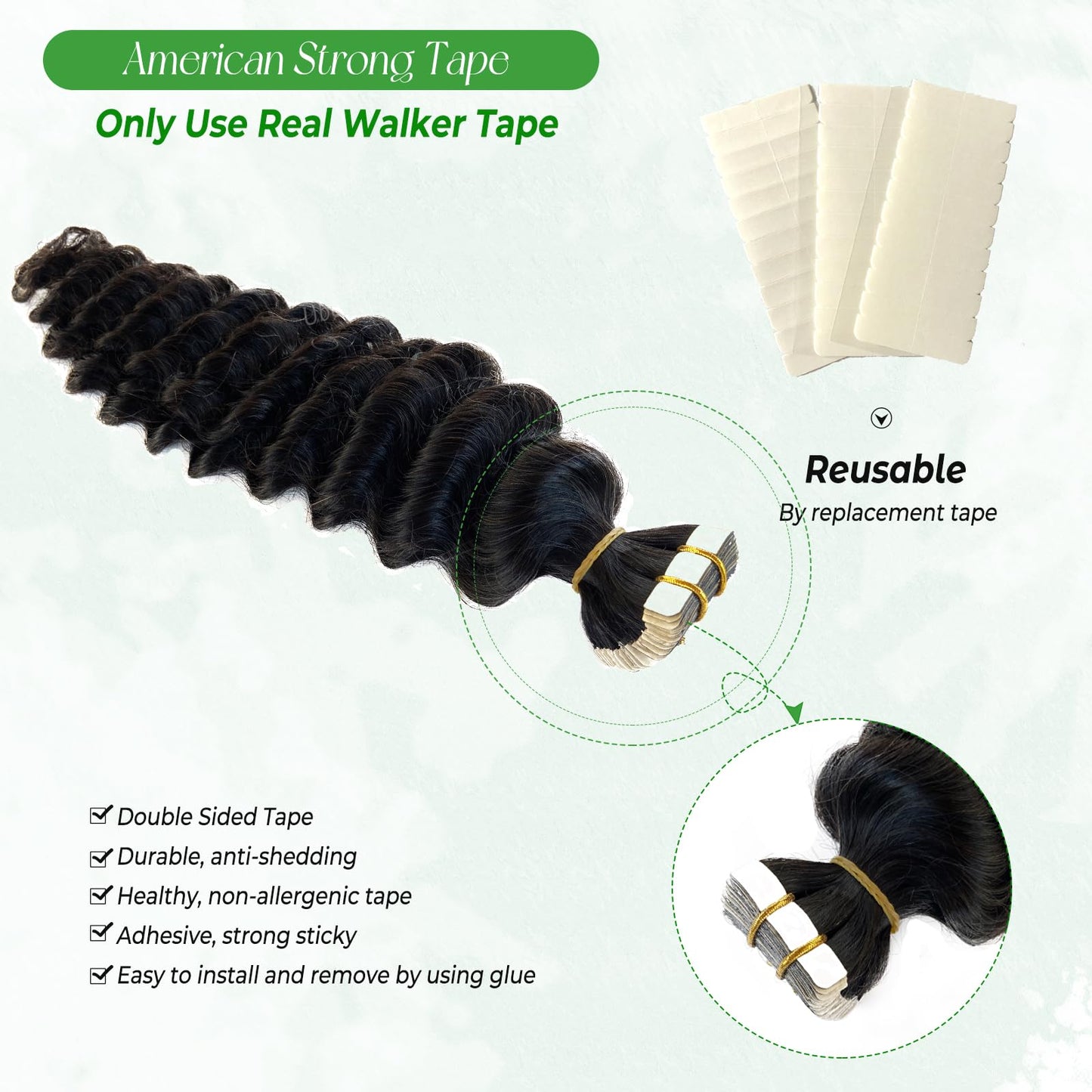 Deep Wave Tape in Hair Extensions Human Hair, Black Hair Extensions Real Remy Human Hair Curly Tape ins for Black Women, 50g/pack 20pcs Double Sided Invisible Tape Hair Extension 14 Inch