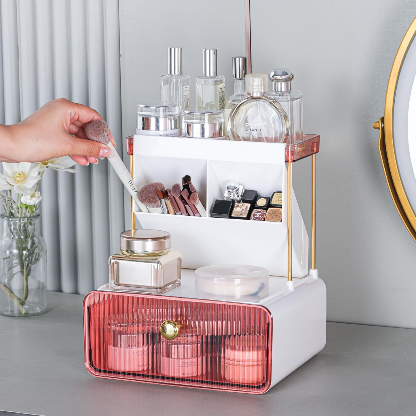 YCIA&DONE Makeup Organizer with Drawers, Shelves, Brush Holders, Countertop Organizer for Bathroom, Vanity, Cabinets, Dresser, 9.01 x 8.46 x 10.23 inches (Pink)