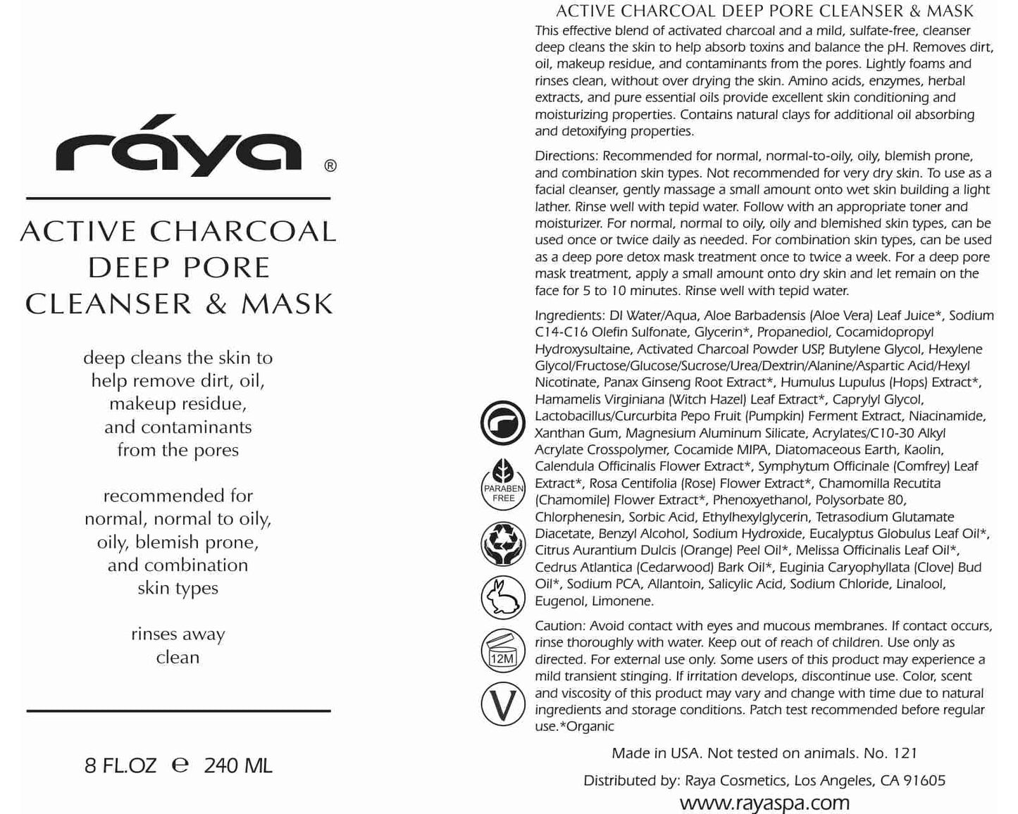 Raya Active Charcoal Deep Pore Facial Cleanser and Mask (121) | Deep Pore Cleansing Fluid for Combination, Oily, and Blemished Skin | Can Be Used as a Deep Pore Detox Mask for Combination Skin