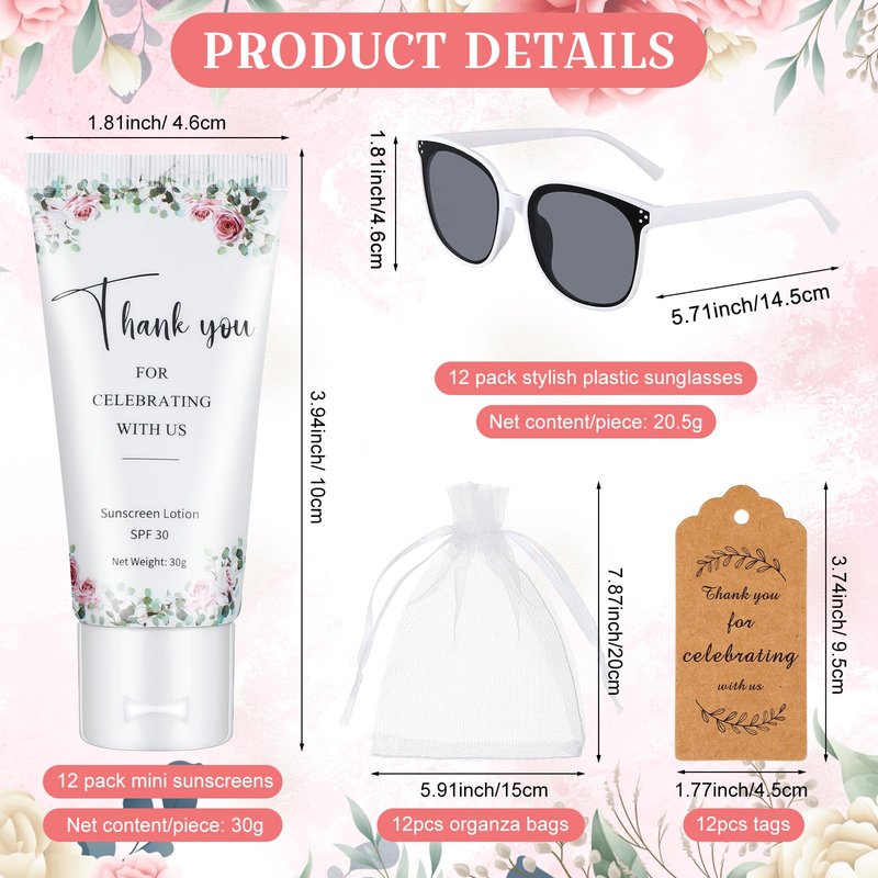 Dansib 12 Sets Mini Sunscreen and Sunglasses Bulk for Wedding Party Spf30 Water Resistant Sunscreen Lotion Bulk 1oz Travel Size for Thank You Gifts Wedding Party Supplies (Floral)