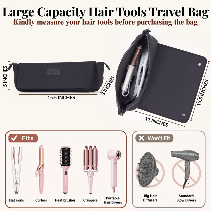 BAREFOOT CARIBOU Hair Tools Travel Bag and Heat Resistant Mat (15.5") for Flat Irons, Straighteners, Curling Iron, and Haircare Accessories, 2-in-1 design, Interior Pockets, Portable Organizer (Black)