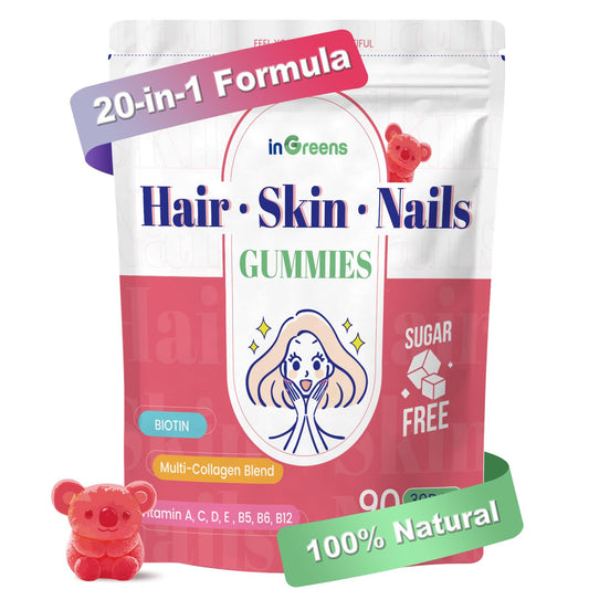 inGreens 20-in-1 Hair Skin and Nails Gummies, Hair Biotin Vitamins for Women & Men with 10000 mcg Biotin, Vitamins A, C, D, E for Hair Growth & Healthy Skin, White Peach Flavor, 90 Gummies