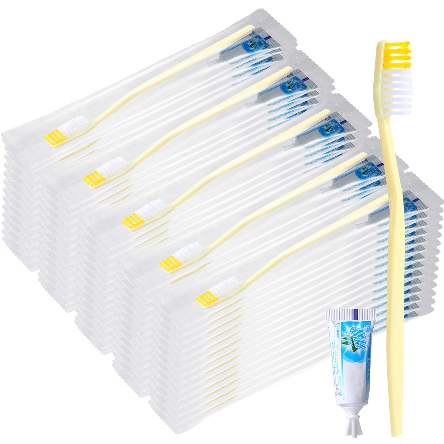 meekoo 200 Set Disposable Toothbrush with Toothpaste Individually Wrapped Travel Toothbrush Kit Homeless Hygiene Kit Bulk for Travel Hotel Shelter Homeless Nursing Home(Gold, Classic)