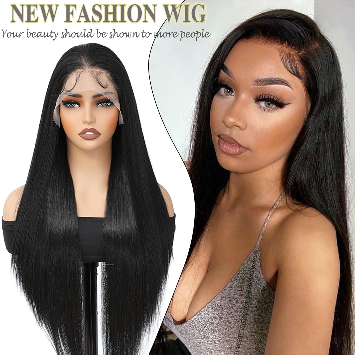 XCHJH 13x4 HD Lace Front Wig 30 Inch, Long Straight Black Synthetic Hair for Women, Glueless Pre Plucked with Baby Hair, Heat Resistant Fiber Wig for Daily Wear