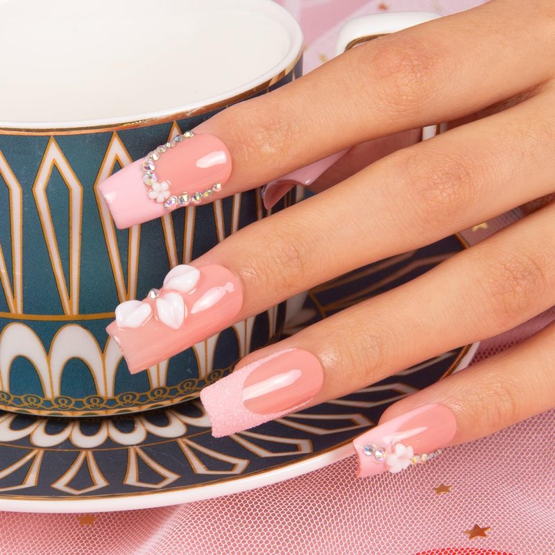 LOVFUL Press on Nails Pink Lady Handmade | Handmade with Full Covered Crystals | Reusable Fake Nails | Square Regular 1.0 in | H281-M