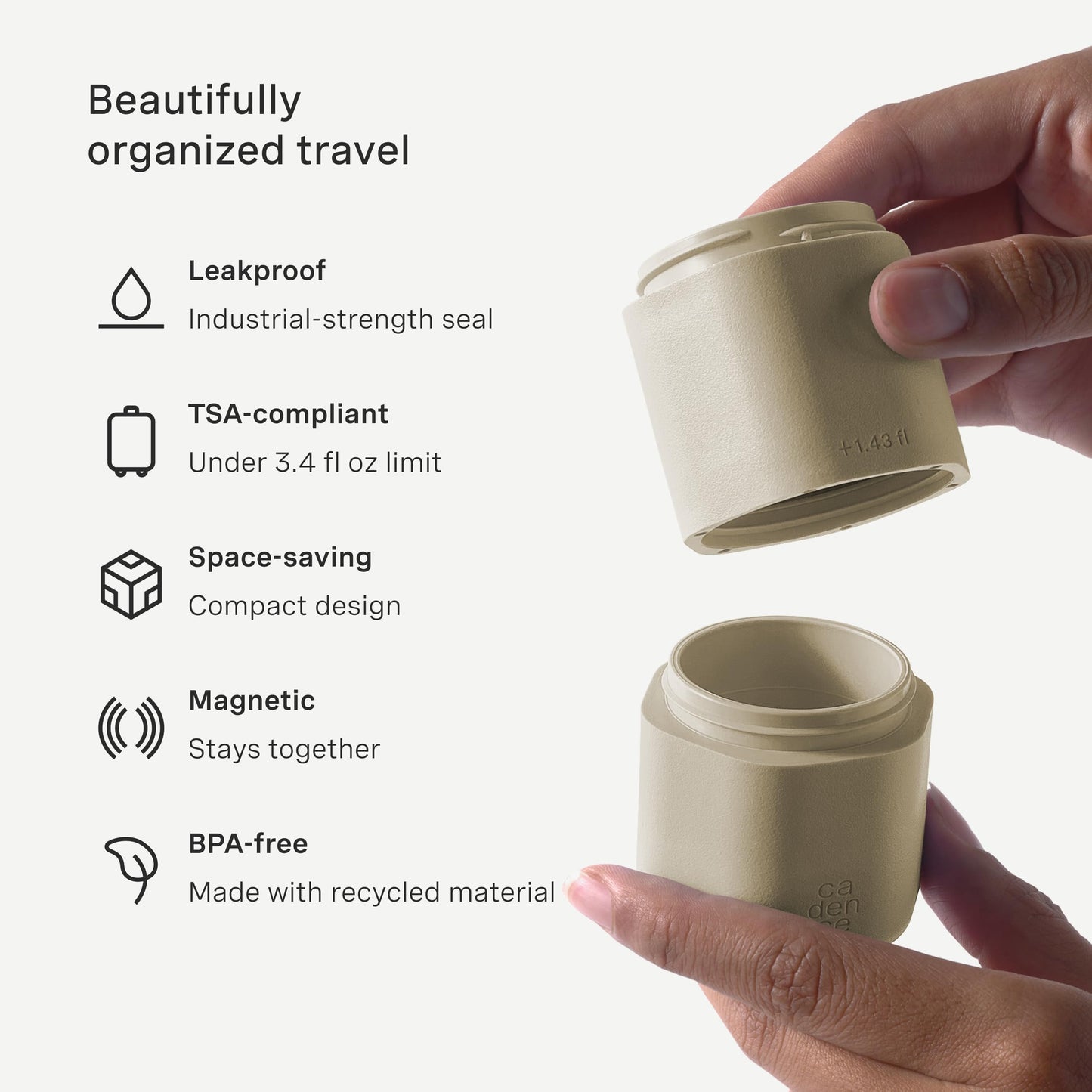 Cadence Extender - Adds Additional 1.43 fl oz - 3pk, Sand - Add On to Any Flex Magnetic Containers with Lids - TSA Approved, Leak Proof - Extension to Travel Bottles - Carry On Travel Essentials