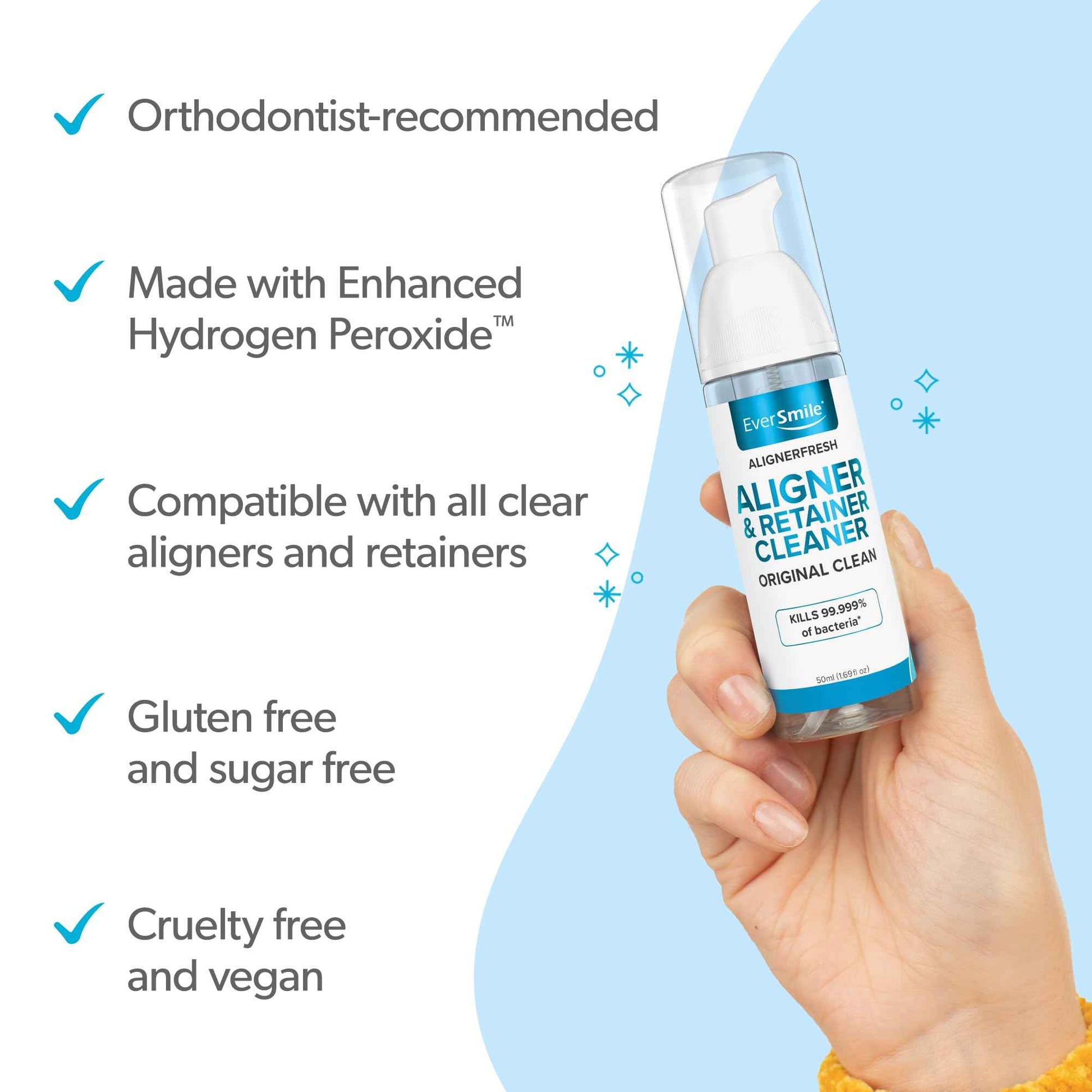 EverSmile AlignerFresh Original Clean Foam – Cleaner Compatible w/Invisalign and All Clear Aligners & Retainers – Eliminates Bacteria, Whitens Teeth, Fights Bad Breath – 50ml (1 Pack)