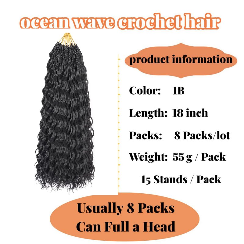 pojui 18 Inch Ocean Wave Crochet Hair 8 Packs - Synthetic Pre-Looped Deep Wavy Curly Braiding Hair for Black Women, Boho Style Hair Extensions (18inch,1B - 8 Packs)