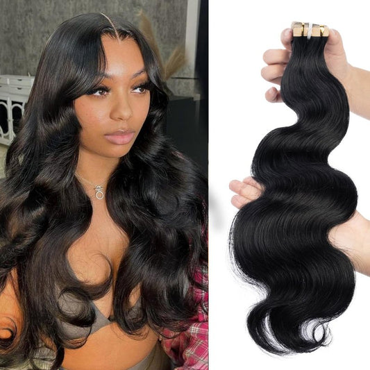 Wavy Tape in Hair Extensions Human Hair Short Black Body Wave Tape in Extension 50g 20pcs Double Sided Natural Tape ins for Black Women Body Wave Hair Extensions Real Human Hair 14 Inch