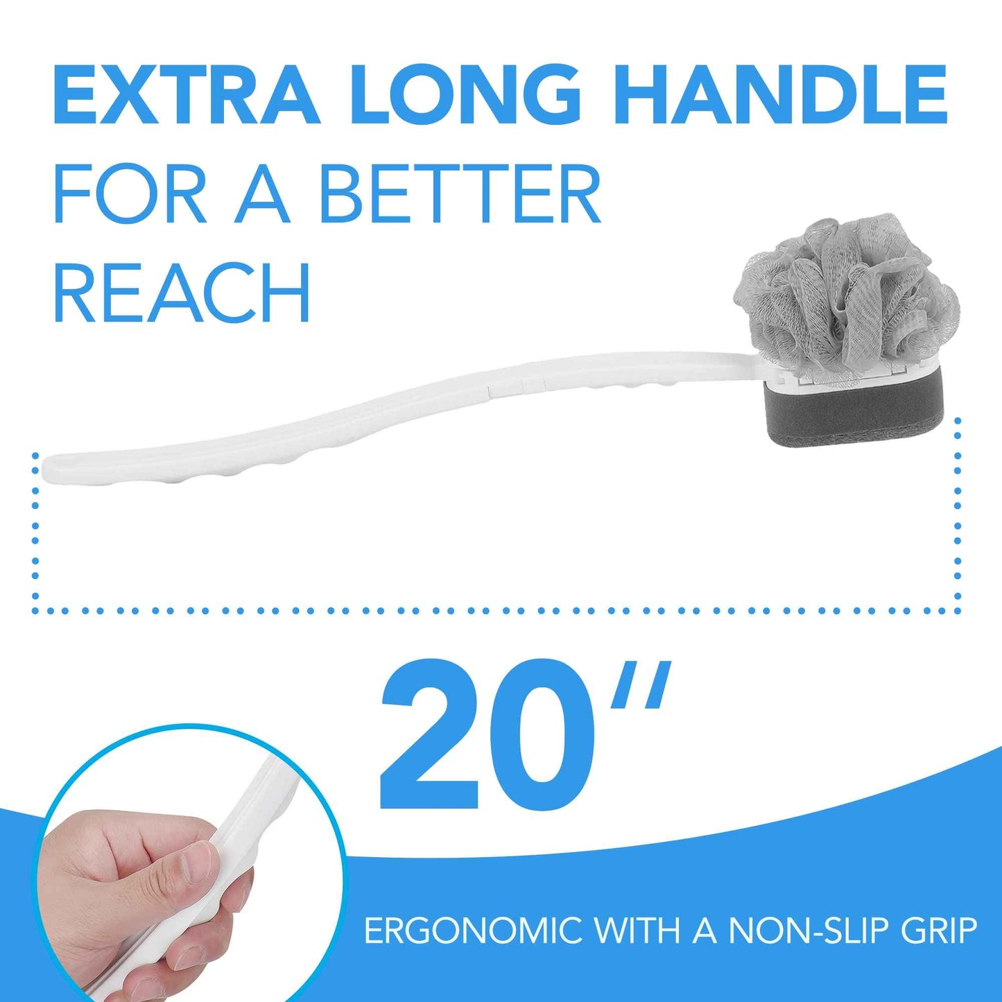 Impresa Extra Long Handle Shower Brush - Dual-Action Loofah & Exfoliating Sponge Body Scrubber - Ergonomic Grip Back Scrub Brush - Replacement Loofah & Sponge Heads - Pack of 2, White