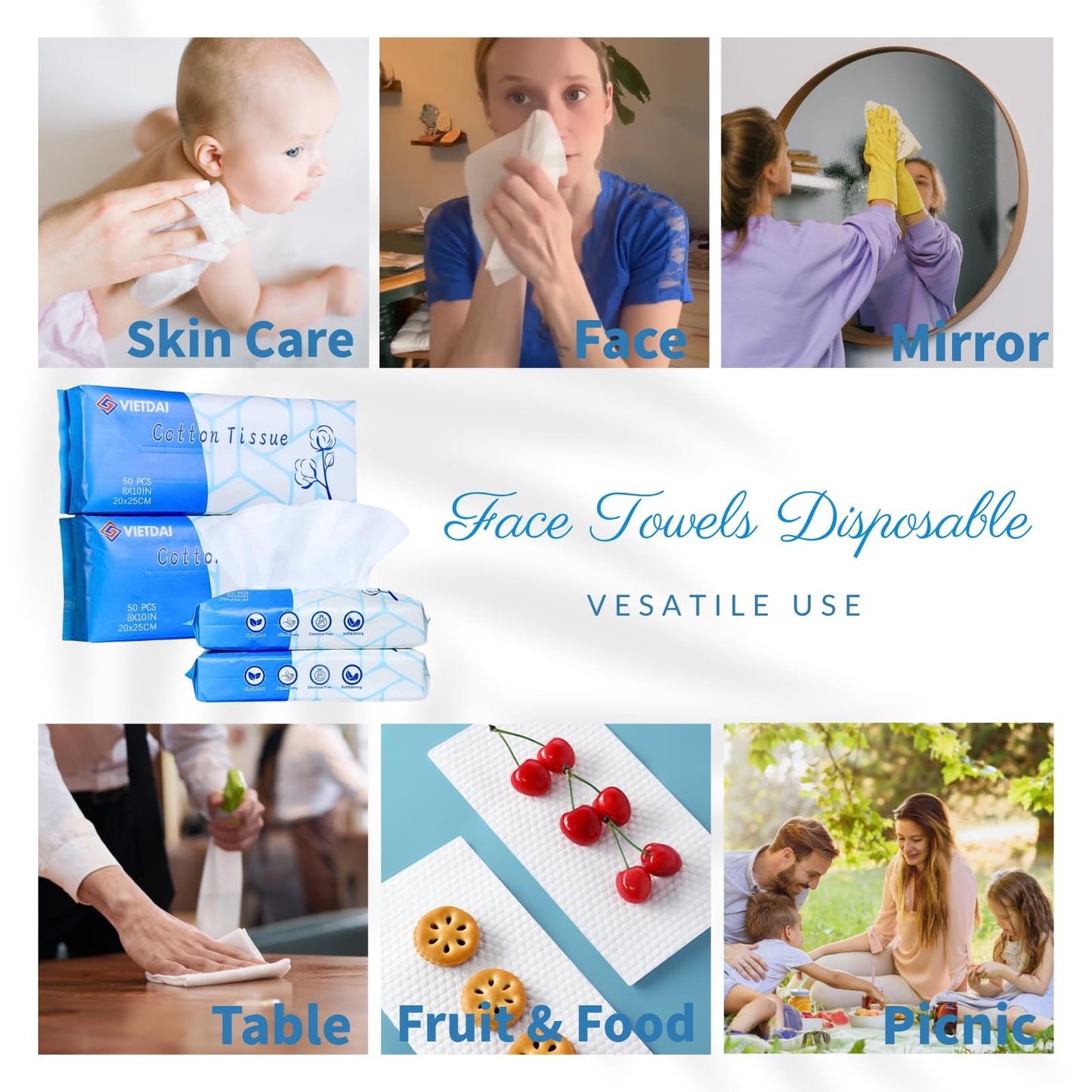 Face Towelettes Disposable 8" x 10" VIETDAI Ultra Soft Disposable Face Towels XL for Sensitive Skin, Clean Facial Towels Wet and Dry Use for Women Cleaning and Skincare -200 Count