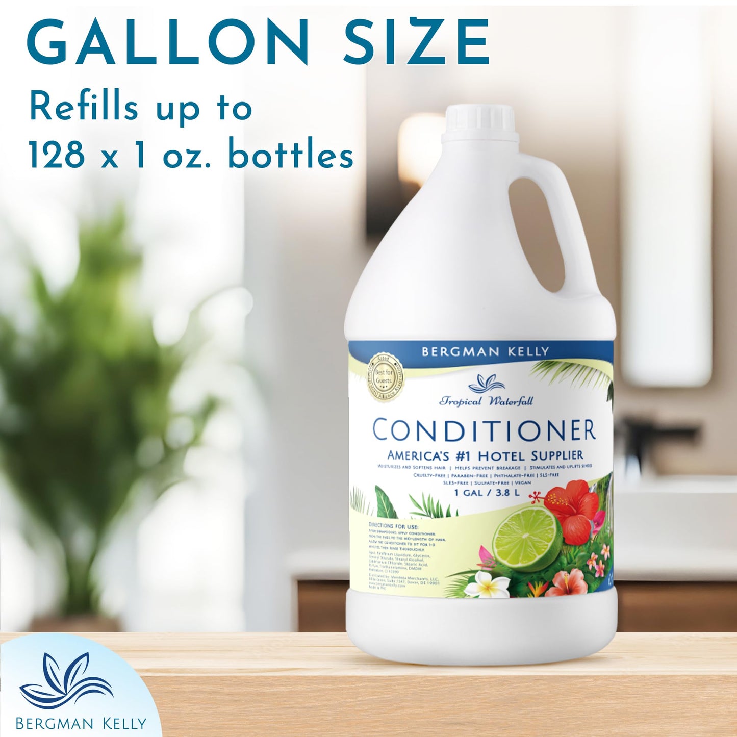 BERGMAN KELLY Conditioner Refill (128 fl oz, Tropical Waterfall Scent), Delight Your Guests with Invigorating and Refreshing Gallon Size Conditioner, Hotel Amenities in Bulk
