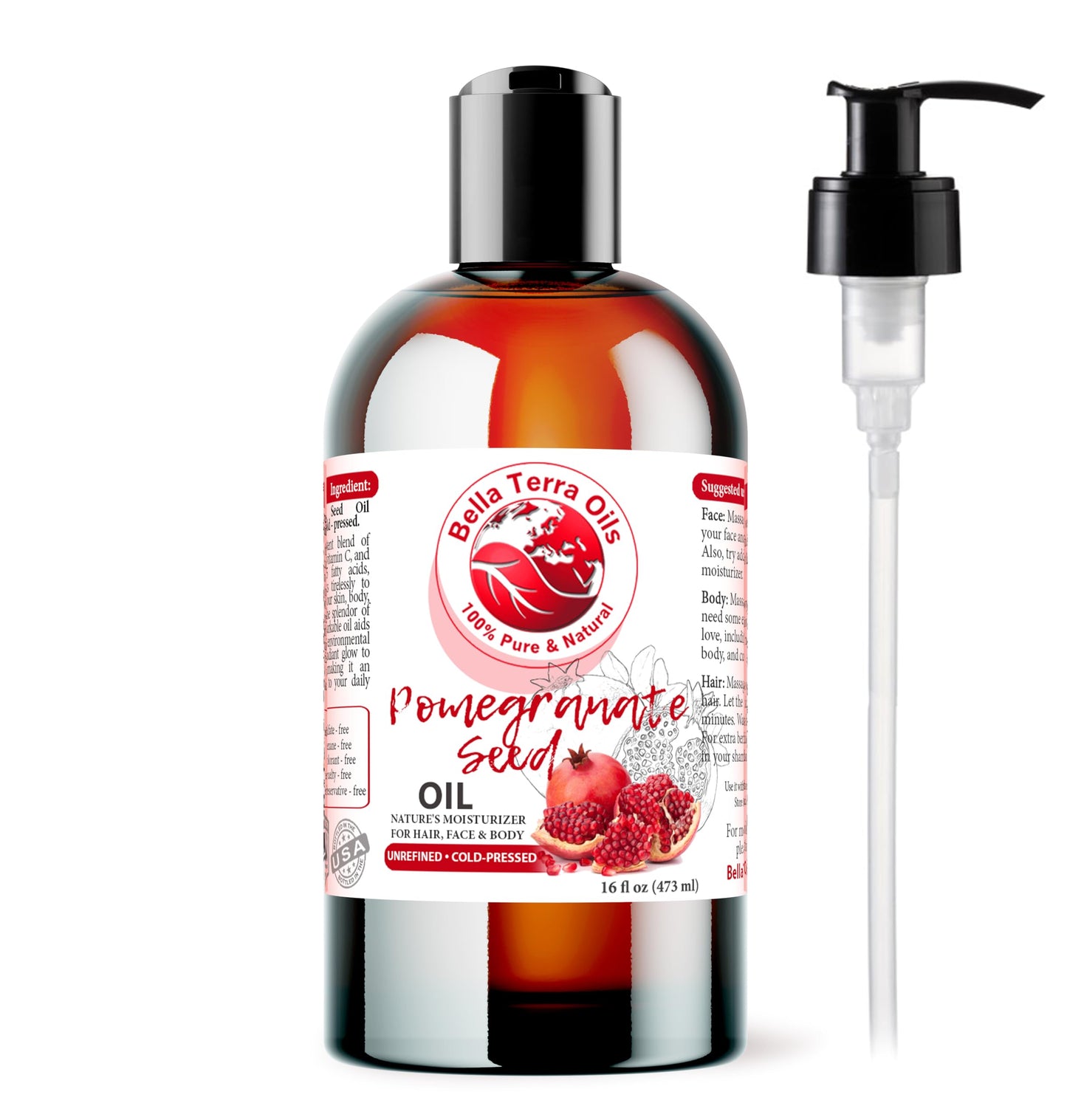 Bella Terra Oils - Natural Pomegranate Seed Oil 16oz - Steeped in Essential Minerals & Vitamins, A Symphony for Soft, Smooth, and Lustrous Skin