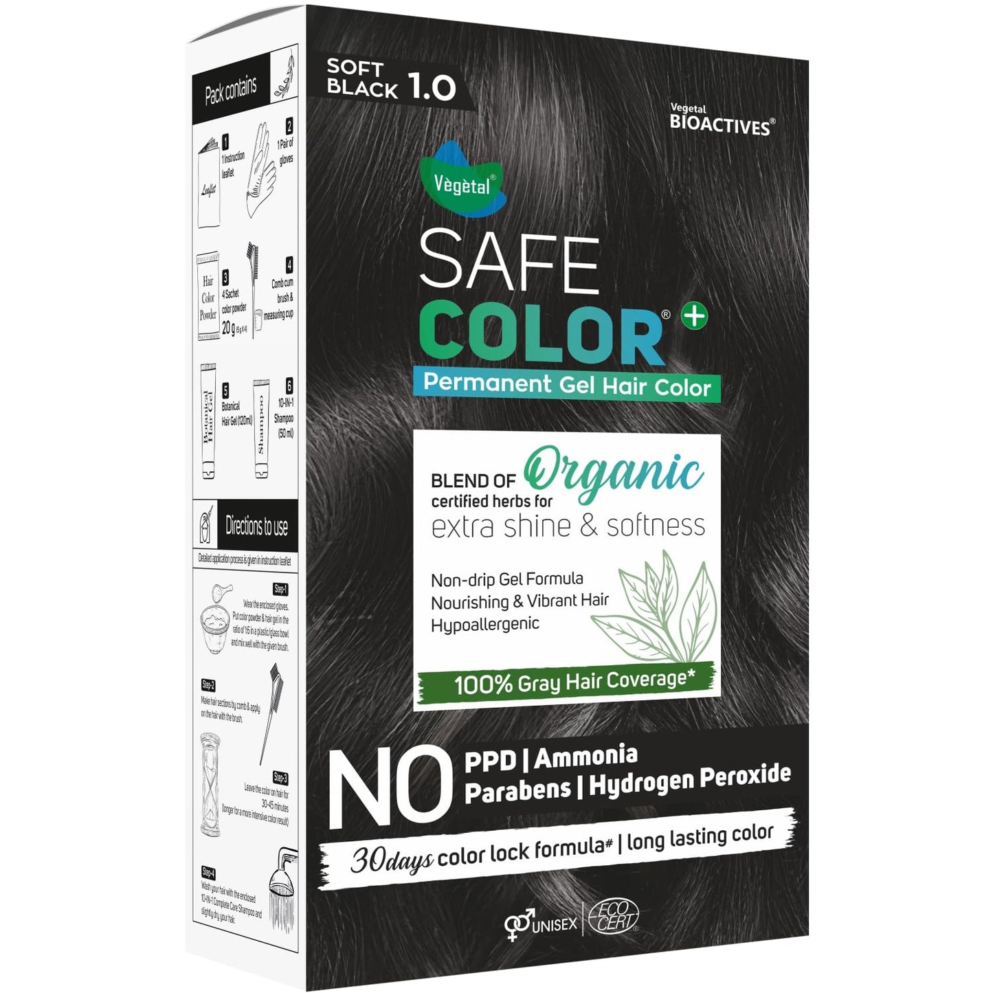 Vegetal Permanent Hair Dye Gel - Soft Black 1.0, Ammonia & PPD Free Hair Color for Gray Hair, 100% Gray Coverage, 30-Day Color Lock, 6.4 fl oz