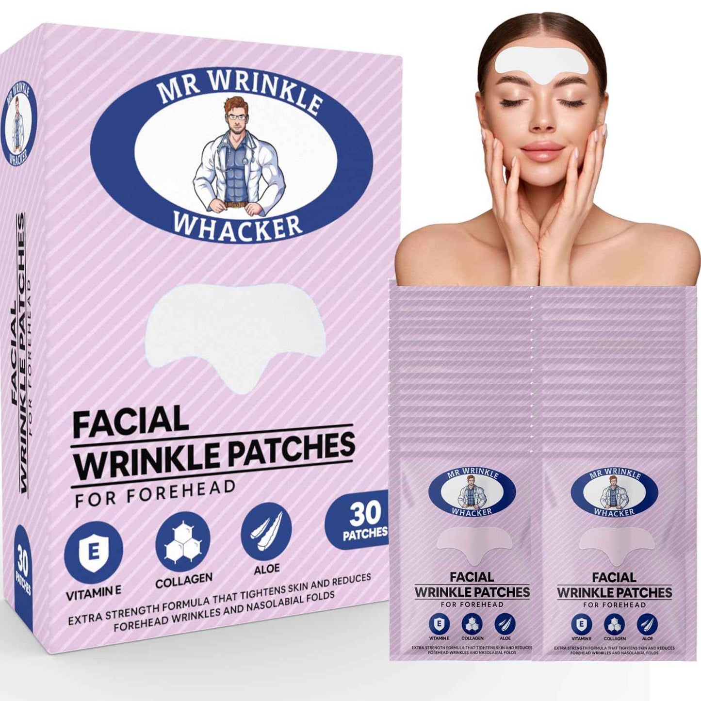 Mister Wrinkle Whacker Forehead Wrinkle Patches, 30 Hypoallergenic Anti Wrinkle Patches Facial Overnight Skincare Collagen, Hyaluronic Acid, Vitamin E & Aloe Lavender