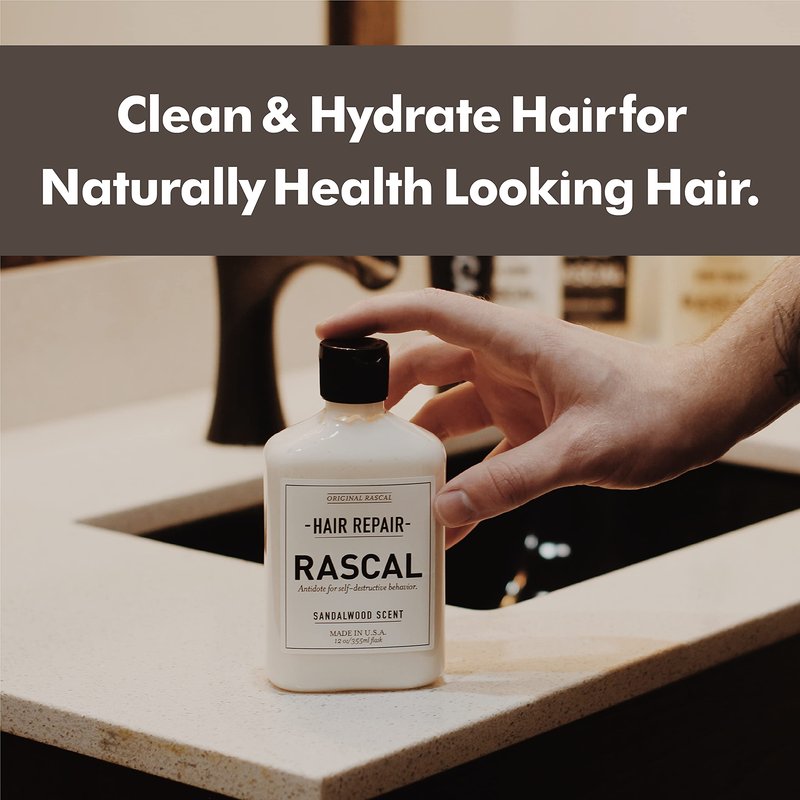 Rascal Hair Repair for Men - Premium Natural Conditioner for Men's Hair, Repairs Dry and Damaged Hair, Smoothing and Moisturizing Conditioner for Frizz Control, Natural Sandalwood Scent - 12 Fl Oz