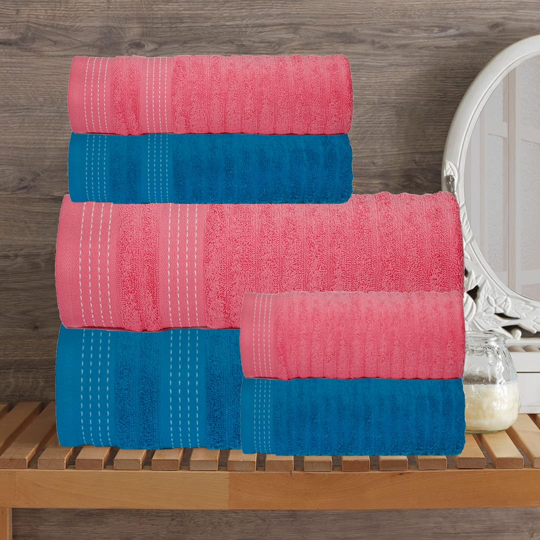 CASA COPENHAGEN Elegance Collection Towels 550 GSM 2 Bath Towel 2 Hand Towel 2 Washcloths, Super Soft Egyptian Cotton 6 Towels Set for Bathroom, Kitchen & Shower - Teal + Pink