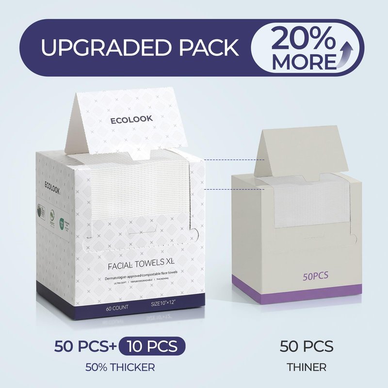 ECOLOOK Disposable Face Towel XL-10"x12" Upgraded Thick Facial Towels, Ultra Soft Clean Face Towels Disposable, 60 Count & 90 GSM, Ideal for Sensitive Skin-2 PACK