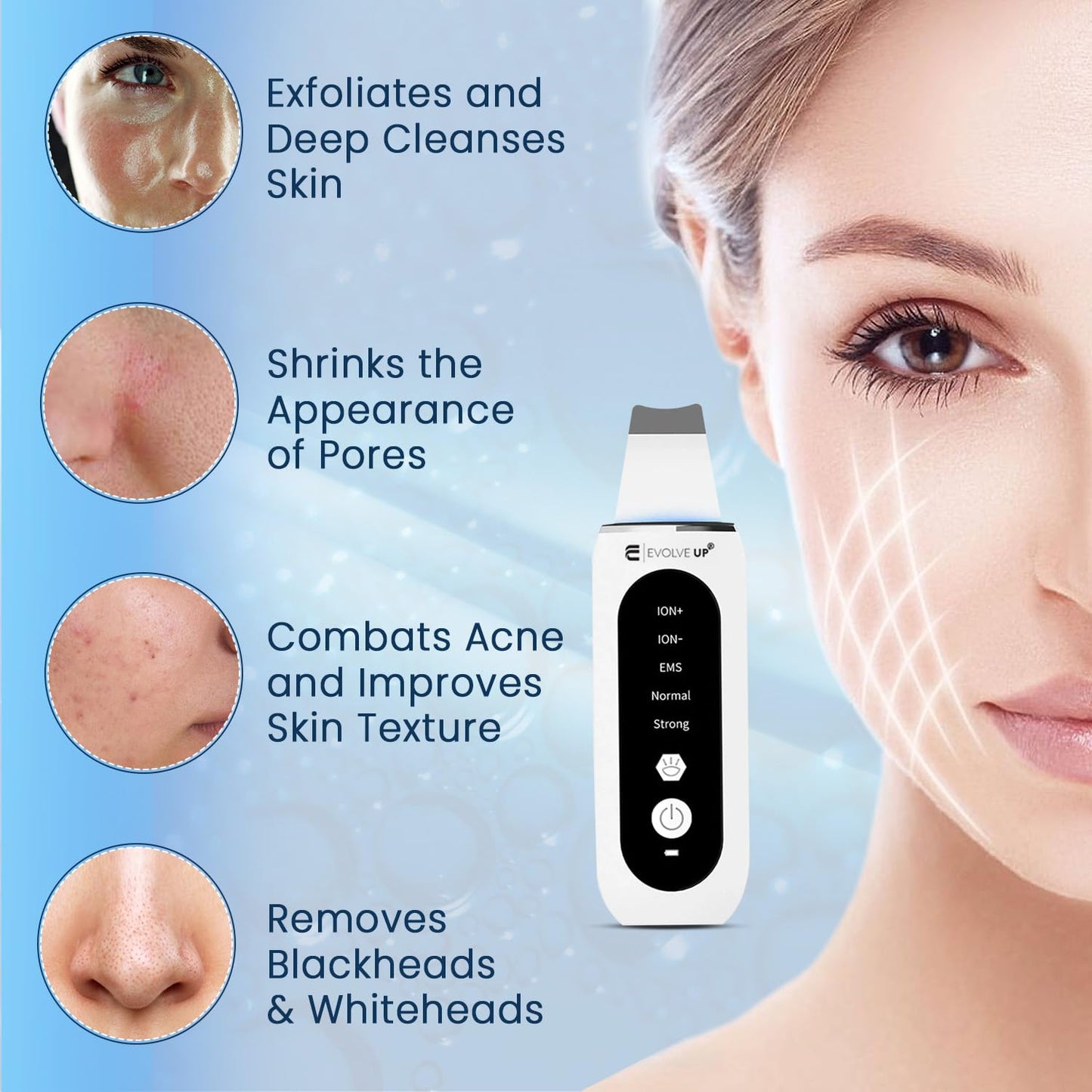 EVOLVE UP Facial Skin Scrubber - Face Cleansing Spatula, Blackhead Remover, Facial Pore Extractor - Portable & Ergonomic Design for Deep Cleansing - 5 in 1 Skincare with Red & Blue Light Stimulation