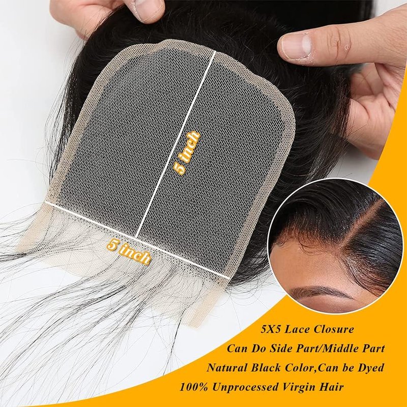 QTHAIR 5x5 Straight Transparent Lace Closure - 150% Density, Pre-Plucked Natural Hairline | 20" Length