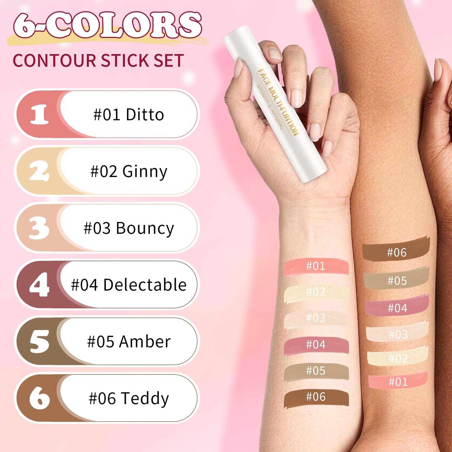 6 Pcs Cream Contour Stick Makeup Kit, Shades with Highlighter, Bronzer and Blush Sticks for Sculpt the Face All Skin Type, with Brush, Makeup Sponge, Buildable for Beginner Professional Set A