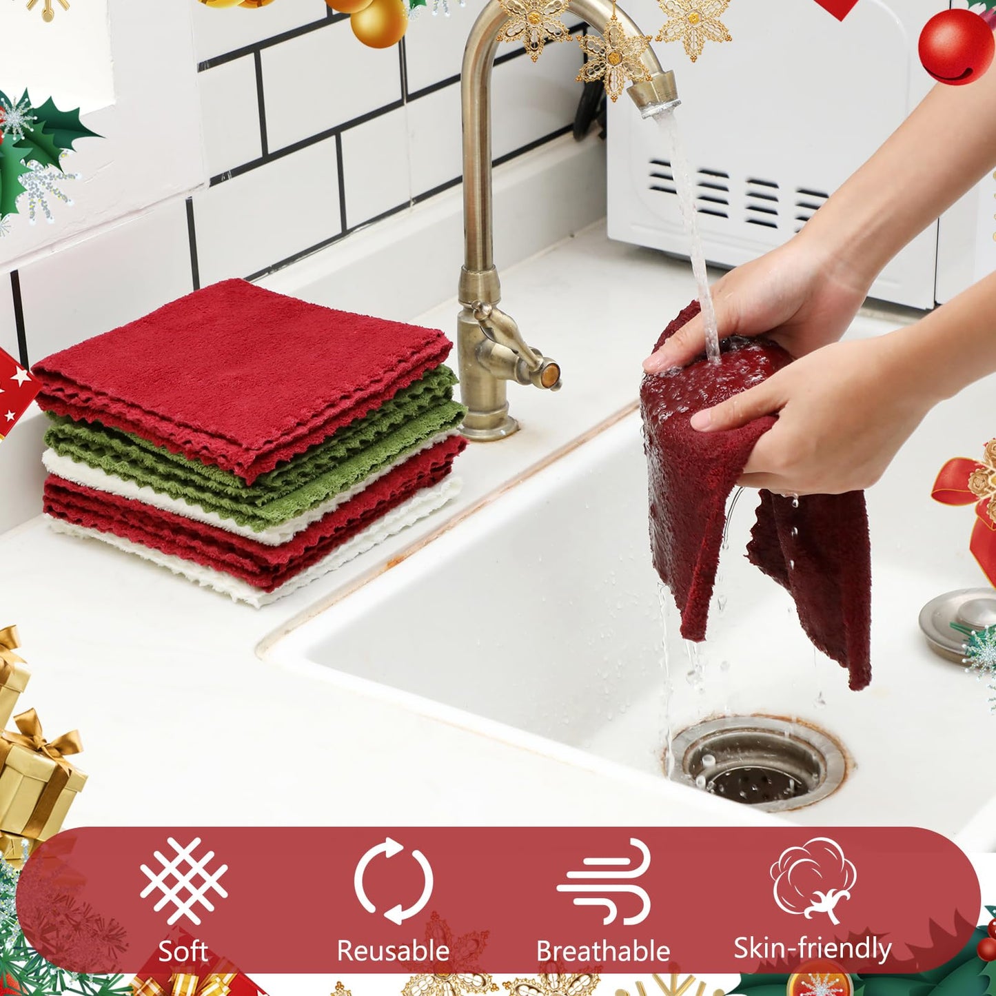 Newwiee 40 Pcs Wash Cloth Bulk Cotton Bath Hand Face Washcloths Soft Quick Drying Towel for Women Bathroom Washing Body Viscose Fiber Multipurpose Fingertip Rags (13 x 13 Inch,Green, Red, White)