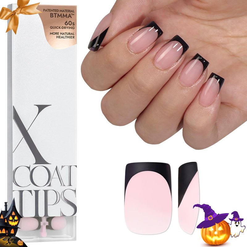 btartboxnails XCOATTIPS French Nails - Black French Tip Press on Nails, Soft Gel Square Nail Tips, Short Press on Nails, Soak Off Acrylic Nails Extensions Pink